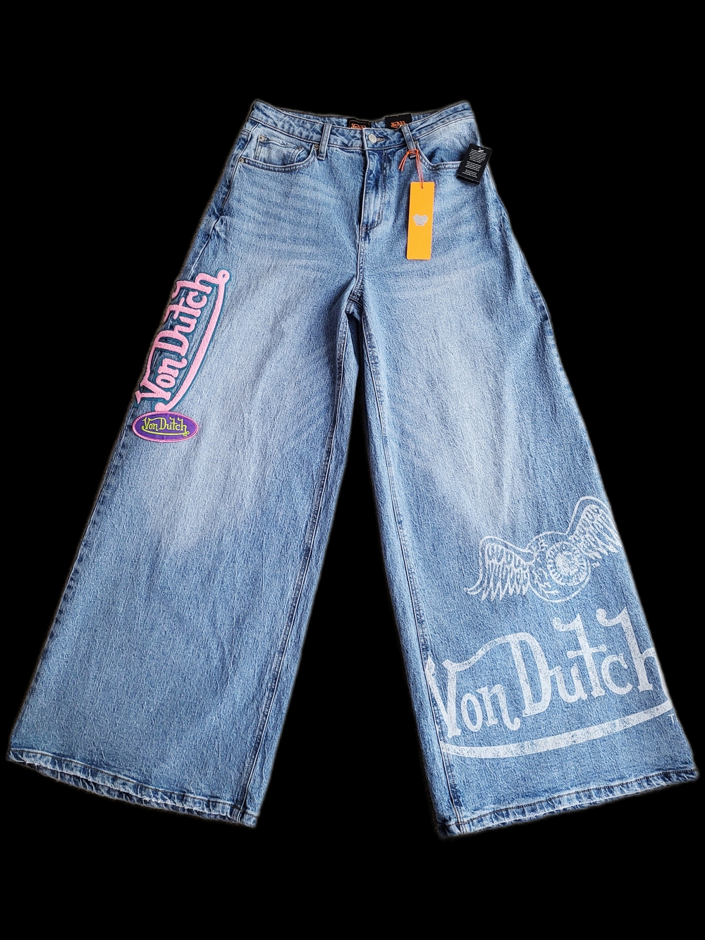 Von Dutch Women’s Extra Wide Leg Flare Jeans 26 Patch Logo Embroidered NWT